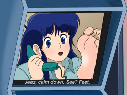  1girl barefoot blue_eyes blue_hair dirty_pair dst1278 feet meme open_mouth phone signature soles toes video_call yuri_(dirty_pair)  rating:Questionable score:5 user:Vore_Fanatic