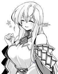  1girl bare_shoulders breasts cape circlet closed_eyes commentary_request dress fire_emblem fire_emblem:_genealogy_of_the_holy_war jewelry julia_(fire_emblem) large_breasts long_hair monochrome nintendo sash simple_background smile solo wide_sleeves yukia_(firstaid0) 