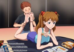  1boy 1girl barefoot blue_eyes chips_(food) confettish eating feet feet_together feet_up femdom food foot_worship hair_ornament ignoring licking licking_foot licking_toes lying magazine_(object) neon_genesis_evangelion on_stomach orange_hair reading resting short_shorts shorts soles souryuu_asuka_langley tank_top the_pose toes tsundere  rating:Sensitive score:100 user:hhhelicopterrr