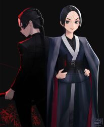  1girl animification artist_name black_eyes black_hair black_jacket black_nails black_pants blue_kimono braid braided_ponytail carlo_montie closed_mouth commentary english_commentary formal hand_tattoo highres holding holding_weapon jacket japanese_clothes john_wick kimono long_hair looking_at_viewer looking_back multiple_views nail_polish pants shimazu_akira_(john_wick) smile standing suit_jacket tattoo weapon 