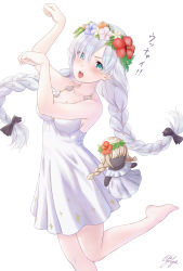  1girl anastasia_(fate) anastasia_(swimsuit_archer)_(fate) anastasia_(swimsuit_archer)_(second_ascension)_(fate) bare_shoulders barefoot blue_eyes blush bow braid breasts cleavage collarbone doll dress dress_swimsuit fate/grand_order fate_(series) flower_wreath hair_bow hair_over_one_eye hands_up head_wreath highres ichijo_kazuya large_breasts long_hair looking_at_viewer open_mouth silver_hair thighs translation_request twin_braids very_long_hair viy_(fate) white_dress  rating:Sensitive score:4 user:danbooru