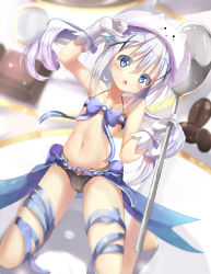  1girl :o animal_hat arm_up bad_id bad_pixiv_id bare_arms bare_shoulders black_panties blue_bow blue_eyes blue_hair blue_ribbon blush bow cameltoe chocolate coffee_beans commentary_request cup gloves gochuumon_wa_usagi_desu_ka? hair_between_eyes hair_ornament halterneck hat highres holding holding_spoon holding_staff kafuu_chino kneeling long_hair looking_at_viewer mini_person minigirl natuna_natu navel open_mouth panties rabbit_hat ribbon solo spoon staff twintails underwear very_long_hair white_gloves x_hair_ornament  rating:Questionable score:18 user:danbooru