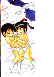  1boy 1girl bed black_hair braid censored collarbone crossdressing fingering hand_in_panties hetero highres holding_hands hoshino_fuuta loli masturbation mutual_masturbation panties penis pointless_censoring shota socks source_request twin_braids underwear white_panties  rating:Explicit score:74 user:huzzaman