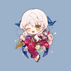  1girl ;d blue_background blue_ribbon blush chibi chibi_only commentary english_commentary fire_emblem fire_emblem:_radiant_dawn fire_emblem_heroes full_body hair_ribbon japanese_clothes kimono kyousa38 long_hair long_sleeves looking_at_viewer micaiah_(fire_emblem) micaiah_(hoshidan_summer)_(fire_emblem) nintendo official_alternate_costume one_eye_closed open_mouth red_kimono ribbon smile solo twitter_username white_hair wide_sleeves yellow_eyes 