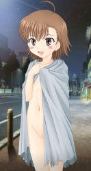  1girl ahoge blanket blush_stickers brown_hair cleft_of_venus covering_privates groin happy highres last_order_(toaru_majutsu_no_index) loli miracle! navel nude open_mouth partially_visible_vulva public_indecency pussy pussy_peek short_hair smile solo toaru_majutsu_no_index uncensored  rating:Explicit score:104 user:Krestine