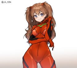 1girl artist_request blue_eyes blush bodysuit breasts brown_hair curvy highres long_hair looking_at_viewer neon_genesis_evangelion outdoors red_bodysuit shiny_clothes simple_background smile solo souryuu_asuka_langley standing twintails twitter_username two_side_up wide_hips