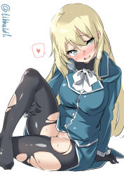 10s 1girl aqua_eyes atago_(kancolle) bad_id bad_twitter_id black_gloves black_pantyhose blonde_hair blush bow bowtie breasts breath buttons ebifurya gloves hair_between_eyes hand_on_own_thigh head_tilt heart highres inactive_account kantai_collection large_breasts long_hair long_sleeves looking_at_viewer no_headwear no_panties no_shoes open_mouth panties pantyhose sidelocks simple_background sitting solo speech_bubble spoken_heart sweat torn_clothes torn_panties torn_pantyhose twitter_username underwear uniform white_background white_bow white_bowtie rating:Questionable score:14 user:danbooru