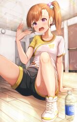  1girl absurdres animal_print arm_support black_shorts blurry blurry_background blush bottle brown_hair butterfly_print collarbone empty_bottle fanning_face fanning_self futami_mami hair_ornament highres idolmaster idolmaster_(classic) idolmaster_million_live! idolmaster_million_live!_theater_days indoors knees_up kyuupura lesson_wear_(idolmaster_million_live!) long_hair motion_blur on_floor open_mouth print_shirt red_eyes resting shirt shoes short_shorts short_sleeves shorts side_ponytail sitting sneakers solo star_(symbol) star_hair_ornament sweat thighs water_bottle white_footwear white_shirt wooden_floor yellow_shirt 