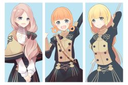  3girls annette_fantine_dominic arm_behind_back arm_up bag blonde_hair blue_eyes bow closed_mouth fire_emblem fire_emblem:_three_houses garreg_mach_monastery_uniform green_eyes hair_bow hand_up highres holding holding_lance holding_polearm holding_weapon ingrid_brandl_galatea lance long_hair long_sleeves low_ponytail mercedes_von_martritz multiple_girls nintendo open_mouth orange_hair own_hands_together pimi_(ringsea21) polearm smile strap twintails uniform weapon 