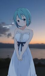  1girl absurdres artist_name beach blue_eyes blue_hair blurry blurry_background blush bow closed_mouth collarbone dated dress evening gradient_sky hair_ribbon heart highres looking_at_viewer mahou_shoujo_madoka_magica miki_sayaka outdoors own_hands_together photo_background ribbon sayakadaisuki short_hair sky smile solo standing sundress white_dress 