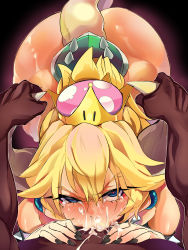 1boy 1girl absurdres angry armlet ass bad_id bad_pixiv_id black_nails blonde_hair blue_eyes blush bowsette breasts crown cum cum_in_mouth cum_in_nose curvy dark-skinned_male dark_skin deepthroat earrings facial fellatio frown grabbing hair_between_eyes heart heart-shaped_pupils hetero highres horn_grab horns huge_ass interracial irrumatio jewelry large_breasts looking_at_viewer mario_(series) nail_polish new_super_mario_bros._u_deluxe nintendo nose_blush nude oral cum_overflow ponytail rape saliva scowl shiny_skin simple_background spiked_shell spiked_tail spikes super_crown sweat symbol-shaped_pupils tail tears top-down_bottom-up turtle_shell uncensored wwwazxc rating:Explicit score:303 user:danbooru