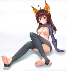  1girl ahoge alcohol_(coldfront) animal_ears bad_id bad_pixiv_id barefoot blush breastless_clothes breasts brown_hair cat_ears coldfront elin feet foreshortening full_body gloves heart highres long_hair medium_breasts nipples purple_eyes shrug_(clothing) sitting soles solo tera_online toeless_legwear toes transparent white_background  rating:Questionable score:70 user:danbooru