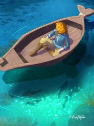  1boy blonde_hair blue_shirt boat boots brown_footwear brown_pants fish from_above hirofujie link looking_down male_focus nintendo pants pointy_ears shirt sidelocks signature sitting solo the_legend_of_zelda the_legend_of_zelda:_breath_of_the_wild the_legend_of_zelda:_the_wind_waker water watercraft 