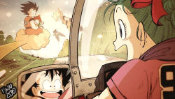  1girl 3boys :d age_difference arms_at_sides black_eyes black_hair blonde_hair blue_eyes blue_hair blurry blurry_foreground boots braid bulma carrying child chinese_clothes clothes_writing commentary_request dark-skinned_male dark_skin day depth_of_field dougi dragon_ball dragon_ball_(classic) dragon_ball_(object) dragonball_z driving eyelashes father_and_son floating_hair flying flying_nimbus forest from_behind full_body grass green_eyes hair_between_eyes hair_ribbon hand_up happy hat indian_style light_particles looking_afar looking_at_another looking_back looking_up messy_hair mirror monkey_tail motor_vehicle motorcycle mountain multiple_boys multiple_persona nature open_mouth outdoors piggyback pink_shirt profile rear-view_mirror red_headwear red_ribbon reflection ribbon road ruto830 scarf shaded_face shirt sitting smile son_gohan son_goku speed_lines spiked_hair super_saiyan super_saiyan_1 tail teeth time_paradox upper_teeth_only uub waving wide-eyed wristband  rating:General score:10 user:danbooru