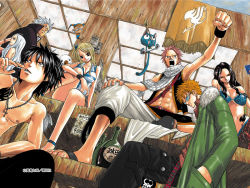 00s 3girls 5boys abs bikini bikini_top_only black_hair blonde_hair bottle breasts cana_alberona cleavage clenched_hand comic cross elfman_strauss everyone fairy_tail gray_fullbuster happy_(fairy_tail) head_tilt jewelry latin_cross loke_(fairy_tail) long_hair lucy_heartfilia makarov_dreyar mashima_hiro mirajane_strauss mouth_hold multiple_boys multiple_girls muscular natsu_dragneel necklace official_art orange_hair pink_hair plue sandals scarf short_hair sitting smile spiked_hair sunglasses swimsuit topless_male vest white_hair rating:Sensitive score:30 user:danbooru