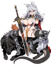  1girl ahoge animal animal_ear_fluff animal_ears arm_behind_back armor asanagi bell black_eyes black_thighhighs brown_collar candy cape chain collar dog fangs food fox_ears gauntlets greaves hair_between_eyes high_heels highres holding holding_sword holding_weapon lollipop long_hair navel open_mouth original pauldrons pink_lips pot red_cape red_eyes shoulder_armor simple_background sitting_on_animal smile spiked_collar spikes spread_legs sword tail thighhighs tongue tongue_out torn_cape torn_clothes unfinished vambraces weapon white_background white_hair wolf_tail  rating:Sensitive score:64 user:danbooru