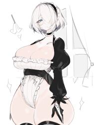  1girl 2b_(nier:automata) bare_hips black_choker black_gloves black_thighhighs blue_eyes breasts choker cleavage gloves gluteal_fold hair_over_one_eye huge_breasts looking_at_viewer maid maid_headdress medium_hair mole mole_under_mouth multicolored_clothes multicolored_gloves nier:automata nier_(series) one_eye_covered thick_thighs thighhighs thighs usa37107692 white_gloves white_hair wide_hips 