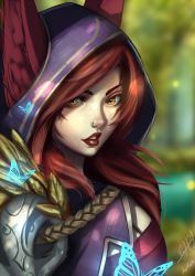  1girl animal_ears female_focus hood league_of_legends lips nose nose_piercing nose_ring piercing red_hair solo xayah yellow_eyes  rating:Sensitive score:8 user:report_yasuo_4_feed