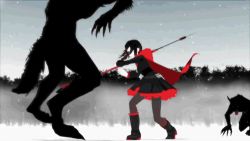  1girl 3d animated animated_gif battle boots cape death fighting frilled_skirt frilled_sleeves frills gothic_lolita hood lolita_fashion lowres monster monty_oum moon pantyhose petals rose_petals ruby_rose rwby scythe short_hair skirt snow wolf 