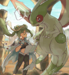  ! 1girl black_pants blue_sky cape closed_mouth creatures_(company) dark-skinned_female dark_skin day desert double_bun floating_hair flygon game_freak gen_3_pokemon ground_miku_(project_voltage) hair_between_eyes hair_bun hatsune_miku highres holding holding_map legs_apart light_green_hair map multicolored_hair nintendo orange_eyes orange_hair outdoors pants pokemon pokemon_(creature) project_voltage raria_(reisui25_raria) signature sky smile solo speech_bubble spoken_exclamation_mark standing torn_cape torn_clothes twintails two-tone_hair vocaloid white_cape 