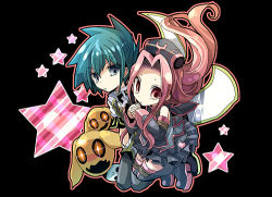 00s 1boy 1girl arietta_(tales) black_skirt black_thighhighs chibi fruit_punch green_eyes green_hair hat heart long_hair lowres miniskirt own_hands_clasped own_hands_together pink_hair pleated_skirt skirt star_(symbol) sync_(tales) tales_of_(series) tales_of_the_abyss thighhighs rating:Sensitive score:3 user:danbooru