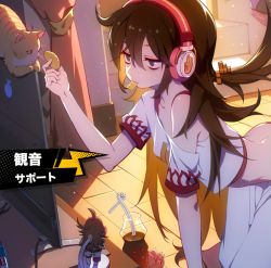  1girl arched_back artist_request black_hair bottle cat cookie curtains drinking_straw expressionless feeding figure food half-closed_eyes headphones highres indoors long_hair off_shoulder screen shirt_slip soda solo table  rating:Sensitive score:15 user:uknownerror