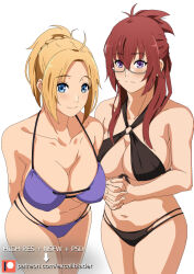 2girls alternate_costume arms_behind_back artist_name bare_arms bikini black_bikini blonde_hair breasts brown_hair cleavage collarbone excaliblader front-tie_bikini_top front-tie_top glasses halterneck large_breasts lillia_greyrat long_hair looking_at_viewer mature_female multiple_girls mushoku_tensei navel o-ring o-ring_top official_alternate_costume own_hands_clasped purple_bikini side-tie_bikini_bottom sidelocks simple_background smile stomach swimsuit thighs white_background zenith_greyrat 