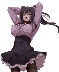  1girl arms_behind_head arms_up black_dress black_hair breasts buttons center_frills cowboy_shot double-breasted dress frilled_shirt frills highres ikune_juugo large_breasts layered_skirt long_hair long_sleeves looking_at_viewer open_mouth original pantyhose purple_eyes purple_shirt shirt sidelocks simple_background skirt smile solo thighband_pantyhose twintails white_background 