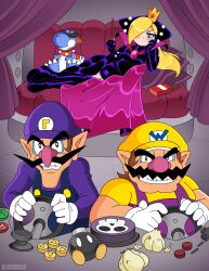  1girl 2boys absurdres animal_ears bad_tag big_nose black_cape black_dress black_gloves blonde_hair blue_eyes blue_overalls bob-omb bored boshi_(super_mario_rpg) bracelet brown_hair cabbie_hat cape character_doll cleft_chin couch crown dress driving elbow_gloves facial_hair food full_body game_console garlic gloves grin hat highres holding holding_food hooded_dress initial jewelry latex latex_dress leather_dress letter_print light_blush long_hair long_sleeves looking_at_viewer lying mario_(series) mario_power_tennis mario_tennis mini_crown multiple_boys mustache nes nico-neko nintendo nintendo_64_controller on_couch on_side overalls parody pillow pocky pointy_ears purple_curtains purple_headwear purple_overalls purple_shirt shirt short_hair short_sleeves skull smile spiked_bracelet spikes super_mario_rpg teeth waluigi wario warupeach white_gloves yatterman yellow_headwear yellow_shirt 