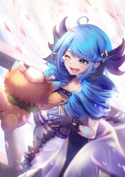 1girl :d black_dress blue_hair blush bow dress drill_hair gloves gnar_(league_of_legends) green_eyes grey_dress gwen_(league_of_legends) hair_ornament happy highres league_of_legends looking_at_another momikodayo one_eye_closed open_mouth purple_bow purple_gloves smile teeth twin_drills twintails upper_teeth_only yordle rating:General score:6 user:danbooru