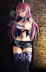 1girl blue_eyes breasts breasts_out clenched_teeth crying heterochromia highres large_breasts long_hair navel nipples pink_hair red_eyes restrained solo standing tears teeth tsukishiro_saika vocaloid rating:Questionable score:20 user:DoctorWasabi