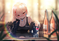 1girl bare_shoulders black_choker black_jacket black_tank_top blonde_hair blurry blurry_background blurry_foreground blush bottle breasts choker cleavage closed_mouth commentary_request crop_top cup depth_of_field drinking_glass earrings fur-trimmed_jacket fur_trim half-closed_eyes highres jacket jewelry long_sleeves looking_at_viewer medium_breasts multicolored_hair nose_blush off_shoulder open_clothes open_jacket original pants qys3 red_eyes red_hair reflection smile solo streaked_hair tank_top upper_body wavy_mouth wine_glass rating:Sensitive score:13 user:danbooru