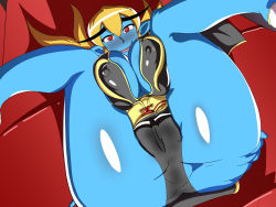  1girl alternate_costume ass ass_focus bare_legs black_dress blonde_hair blue_skin blush breasts capcom china_dress chinese_clothes chun-li chun-li_(cosplay) colored_skin commentary company_connection cosplay demon_girl dress genderswap genderswap_(mtf) gold_trim highres jedah_dohma large_breasts long_eyebrows long_hair mei_(rg11558) midnight_bliss pelvic_curtain pointy_ears red_eyes sash smile solo street_fighter street_fighter_v thighs vampire_(game) 