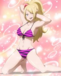 1girl arm_up barefoot bikini blonde_hair blue_eyes breasts cleavage fairy_tail feet flower front-tie_top highres jenny_realight jewelry long_hair navel one_eye_closed screencap smile solo stitched swimsuit third-party_edit underboob wink  rating:Questionable score:92 user:mikewito