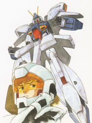 1980s_(style) 1990s_(style) 1boy amuro_ray char&#039;s_counterattack gloves gundam highres kitazume_hiroyuki looking_to_the_side mecha mobile_suit oldschool pilot_chair pilot_suit production_art promotional_art re-gz retro_artstyle robot scan science_fiction signature spacesuit traditional_media 