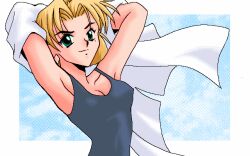  akagi_ritsuko armpits arms_behind_head arms_up blonde_hair blue_background blue_one-piece_swimsuit blunt_ends bob_cut border breasts cleavage closed_mouth count_zero floating_clothes green_eyes lab_coat light_smile looking_at_viewer medium_breasts mole mole_under_eye neon_genesis_evangelion non-web_source one-piece_swimsuit outside_border parted_bangs pc-98_(style) pixel_art short_hair smile solo swimsuit swimsuit_under_clothes third-party_source undressing upper_body white_border wind 