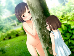  2girls age_difference blurry blush bokura_no_roshutsu_game brown_eyes brown_hair bush censored clothed_female_nude_female completely_nude day depth_of_field exhibitionism female_focus game_cg girl_(bokura_no_roshutsu_game) grass hiding loli miyama_kaoru multiple_girls navel nipples nude open_mouth outdoors public_indecency public_nudity short_hair sol-fa-soft tanaha tree yoshida_seiji 