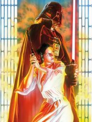  1boy 1girl alex_ross brown_hair commentary darth_vader energy_sword english_commentary finger_on_trigger gun handgun holding holding_gun holding_lightsaber holding_weapon indoors lightsaber princess_leia_organa_solo red_lightsaber science_fiction sith star_wars sword weapon 