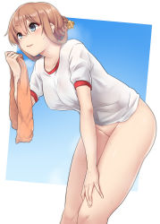  1girl absurdres alternate_costume bent_over blue_eyes blush bottomless brown_hair commentary_request gym_shirt gym_uniform hair_between_eyes hair_ornament hand_on_own_thigh highres kantai_collection kiritto leaning_forward light_brown_hair outside_border propeller_hair_ornament shirt short_sleeves solo steam steaming_body sweat teruzuki_(kancolle) third-party_edit towel white_shirt  rating:Questionable score:41 user:Derpovic