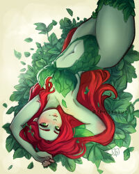 1girl absurdres batman_(series) blush chrissabug clothing_cutout colored_skin dc_comics green_eyes green_leotard green_skin highres leaf leotard long_hair looking_at_viewer lying navel pinup_(style) poison_ivy red_hair stomach_cutout thighhighs rating:Sensitive score:8 user:danbooru
