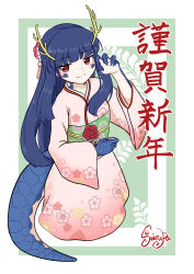  1girl absurdres blue_hair blush chinese_zodiac claws commentary_request dragon_girl dragon_horns dragon_tail floral_print flower hair_flower hair_ornament happy_new_year highres horns idolmaster idolmaster_cinderella_girls japanese_clothes kimono long_hair looking_at_viewer new_year obi pink_kimono print_kimono red_eyes sajo_yukimi sash scales smile solo swirupa tail year_of_the_dragon 