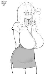  1girl arms_behind_back breasts closed_mouth covered_erect_nipples dress_shirt glasses highres inne_sulistya_robin large_breasts monochrome norman_maggot office_lady original pencil_skirt sagging_breasts shirt skirt 