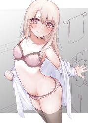  1girl absurdres black_thighhighs blonde_hair blush breasts fate/kaleid_liner_prisma_illya fate_(series) highres illyasviel_von_einzbern long_hair looking_at_viewer navel no_pants open_clothes panties pink_panties red_eyes seven_d3t small_breasts smile solo thighhighs underwear 