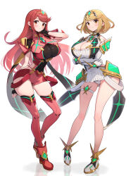 2girls absurdres alternate_hair_length alternate_hairstyle bare_shoulders black_gloves black_leotard blonde_hair blush breasts cleavage cleavage_cutout clothing_cutout dress fingerless_gloves full_body gloves gonzarez hairstyle_switch highres hip_vent large_breasts leotard long_hair multiple_girls mythra_(xenoblade) panties pyra_(xenoblade) red_eyes red_footwear red_hair red_shorts short_hair shorts simple_background skindentation thigh_strap tiara underwear white_background white_dress white_panties xenoblade_chronicles_(series) xenoblade_chronicles_2 