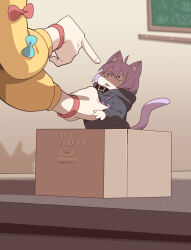  :&lt; absurdres ahoge animal_ears black_jacket blurry blurry_background box cardboard_box cat_ears cat_girl cat_tail cocomayo29_(tomato) commentary_request highres holding_miniperson hololive inugami_korone inugami_korone_(1st_costume) jacket korean_commentary long_sleeves looking_at_another mini_person minigirl nekomata_okayu nekomata_okayu_(1st_costume) open_mouth out_of_frame photo-referenced pointing pointing_at_another purple_hair solo_focus tail virtual_youtuber wristband yellow_jacket 