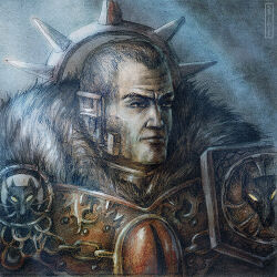  1boy armor black_legion closed_mouth commentary english_commentary eyes_of_horus_(warhammer_40k) fur-trimmed_armor fur_trim halo horus_lupercal lowres male_focus mechanical_halo noldofinve pauldrons pelt power_armor primarch shoulder_armor solo the_serpent&#039;s_scales_(warhammer) three_quarter_view traditional_media upper_body warhammer_40k wolf 
