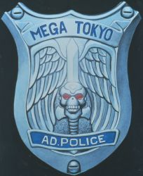  1990s_(style) a.d._police_files android badge cyberpunk emblem english_text head no_humans police realistic retro_artstyle robot science_fiction skull sword tony_takezaki traditional_media weapon wings 