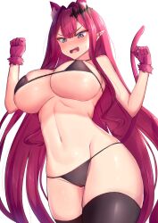  1girl animal_ears bad_tag baobhan_sith_(fate) bikini black_bikini black_thighhighs blush breasts cameltoe cat_ears cat_tail curvy embarrassed fate/grand_order fate_(series) gloves grey_eyes groin hair_ornament hands_up highres jo_(pixiv29989419) large_breasts long_hair looking_down micro_bikini navel open_mouth paw_pose pink_gloves pink_hair pointy_ears sideboob sidelocks solo stomach sweatdrop swimsuit tail thighhighs thighs underboob very_long_hair white_background wide_hips 