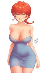  1girl bare_legs bare_shoulders blush braid breasts cleavage closed_eyes curvy geraldjess1 heart large_breasts navel open_mouth ranma-chan ranma_1/2 red_hair shiny_skin single_braid solo standing white_background wide_hips  rating:Sensitive score:30 user:popotepopote