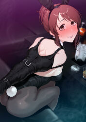  1girl alcohol animal_ears armbinder arms_behind_back ass bdsm bondage bound bound_arms breasts cup grin leotard liquor looking_up original playboy_bunny rabbit_ears rabbit_tail sitting smile solo sweatdrop tail tkhs  rating:Sensitive score:55 user:danbooru